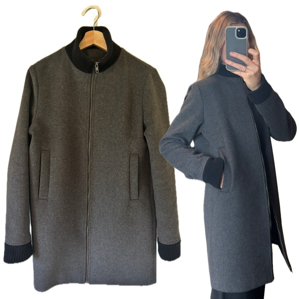 Oak + Fort Grey Black Ribbed Cuff Wool Knit Zip Up Bomber Peacoat Jacket Coat